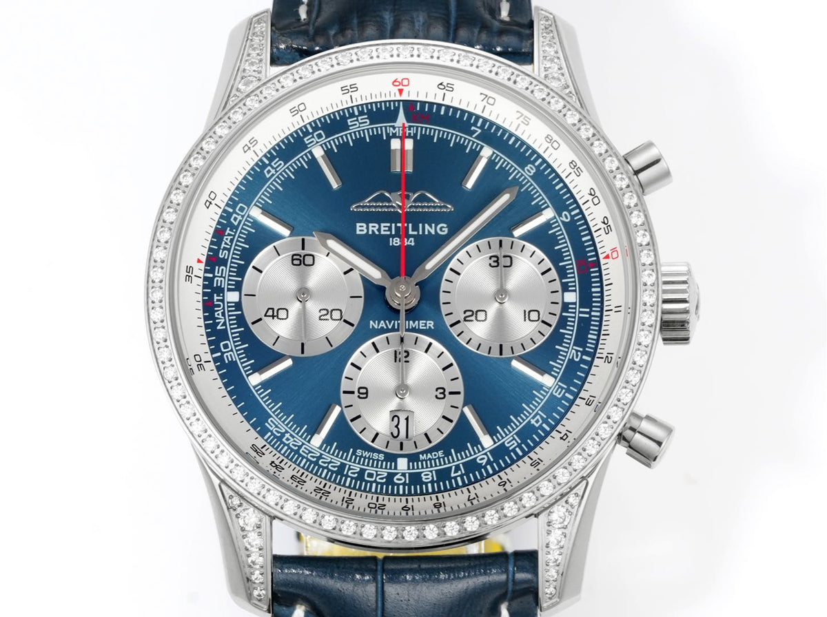Chronograph - Rhinestone bezel - Blue White - N-Timer - Blue Leather - Automatic - 43mm