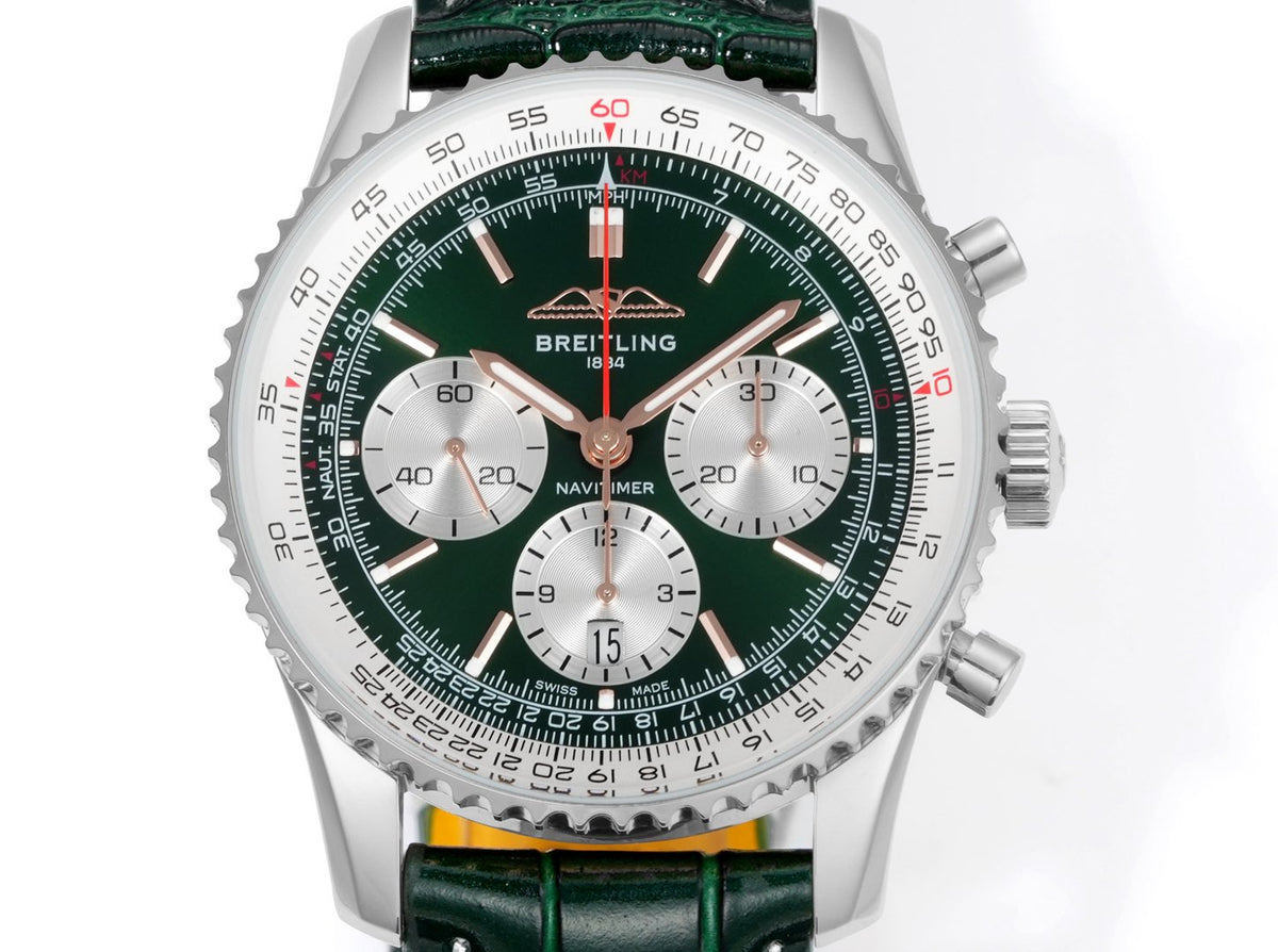 Chronograph - White bezel - Green White - N-Timer - Green Leather - Automatic - 43mm