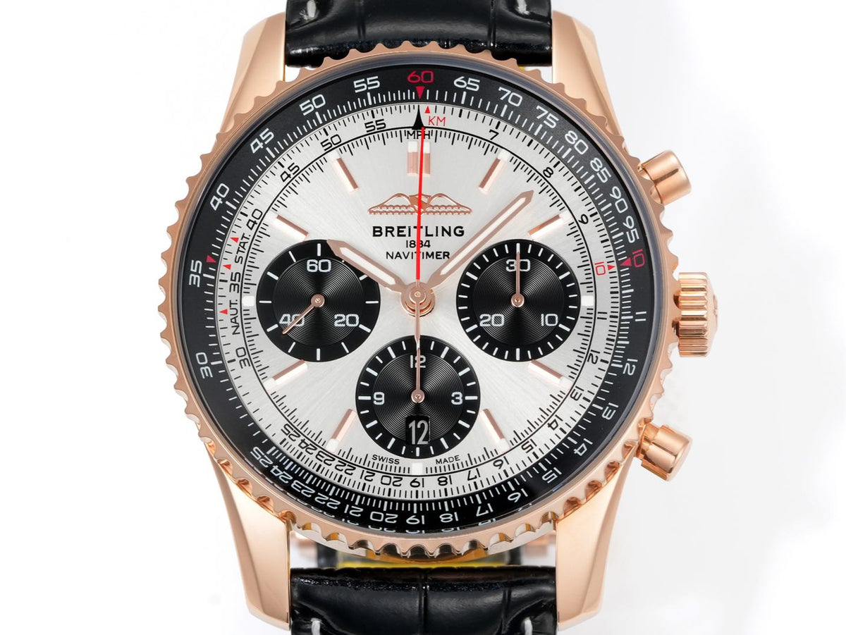 Chronograph - Rosegold bezel - Panda fece - N-Timer - Black Leather - Automatic - 43mm