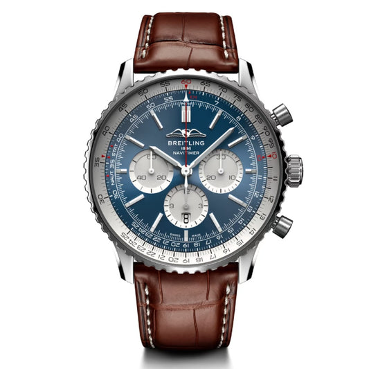 Chronograph - Silver -Blue- N-Timer - Brown Leather - Automatic - 43mm