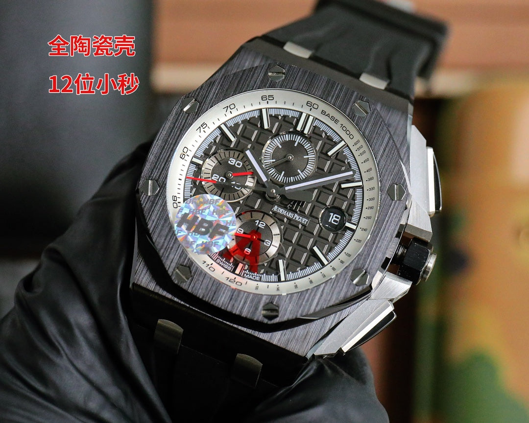 TOP! Chronograph- Black Grey Ceramic Bezel- Black Rubber - Automatic - 42mm