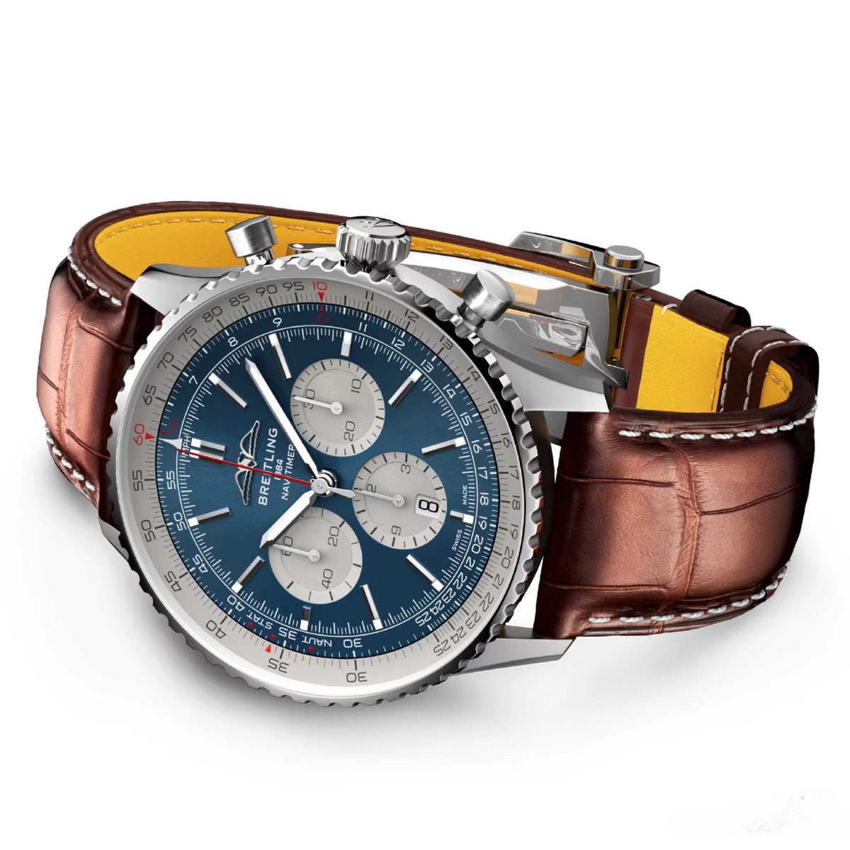 Chronograph - Silver -Blue- N-Timer - Brown Leather - Automatic - 43mm