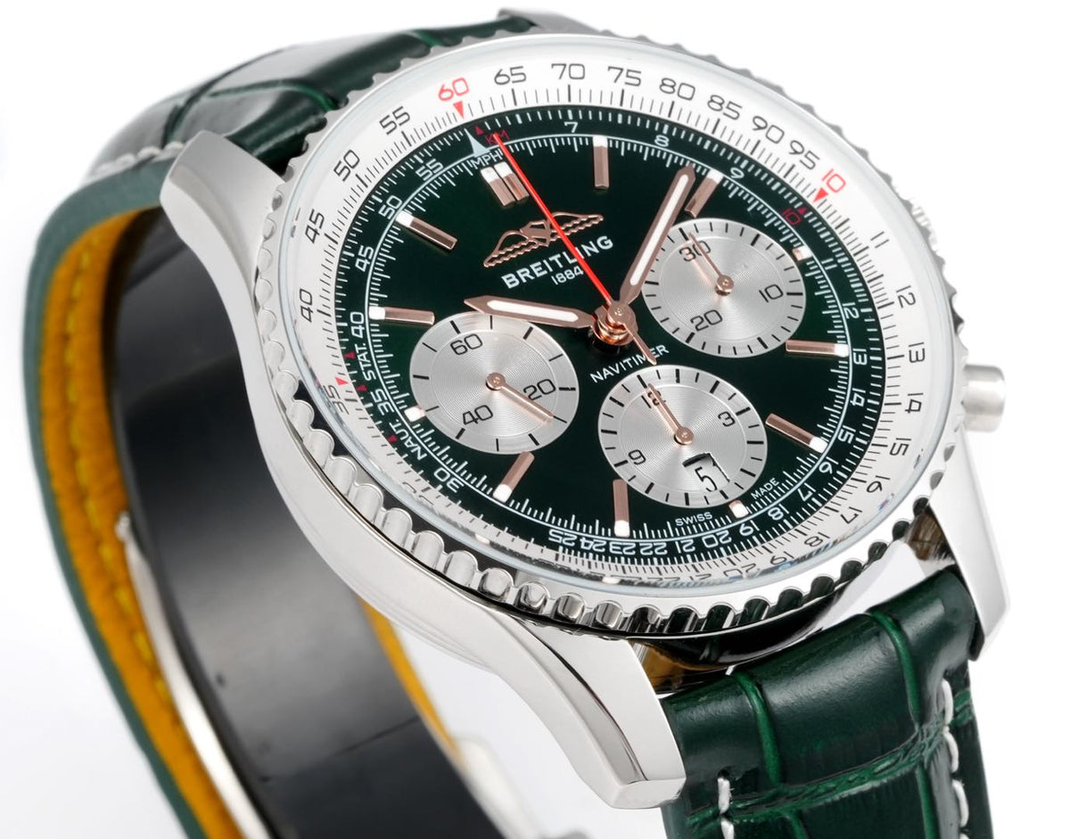 Chronograph - White bezel - Green White - N-Timer - Green Leather - Automatic - 43mm