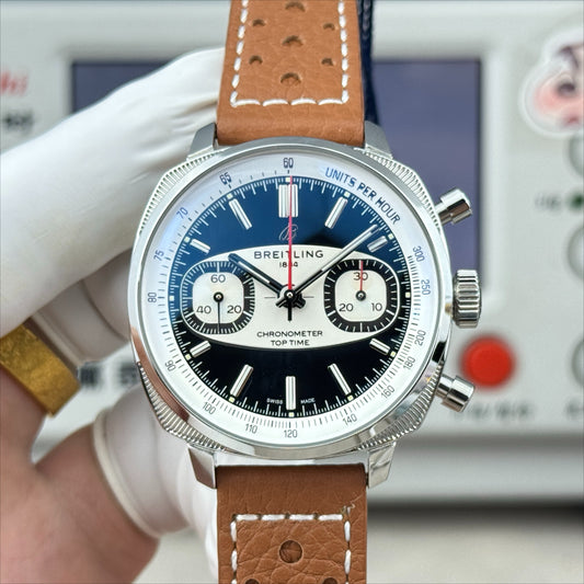 Chronograph - Silver Black - T-Timer - Brown Leather - Automatic - 38mm