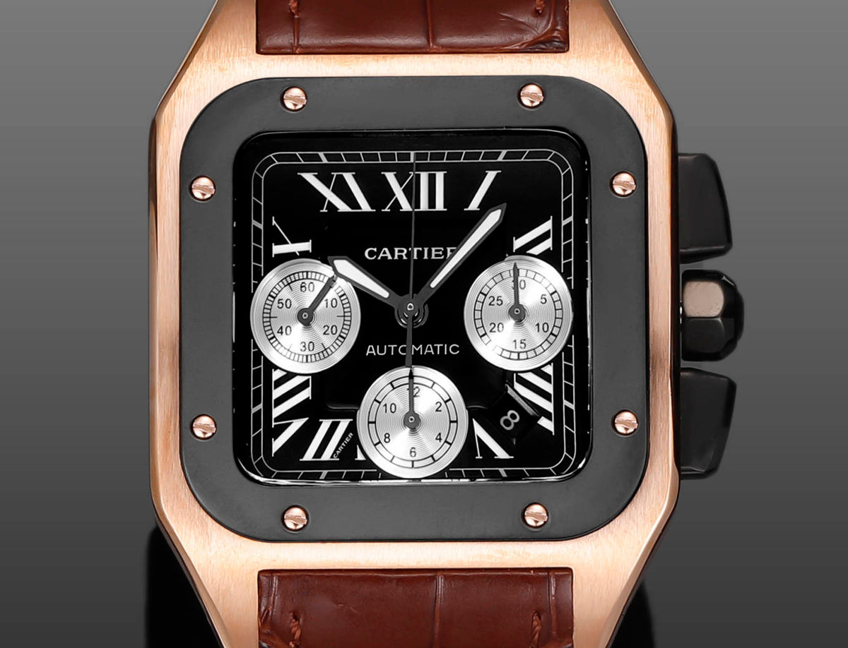 Chronograph - Black Rosegold 316L Steel - Red Leather - Automatic - 42mm