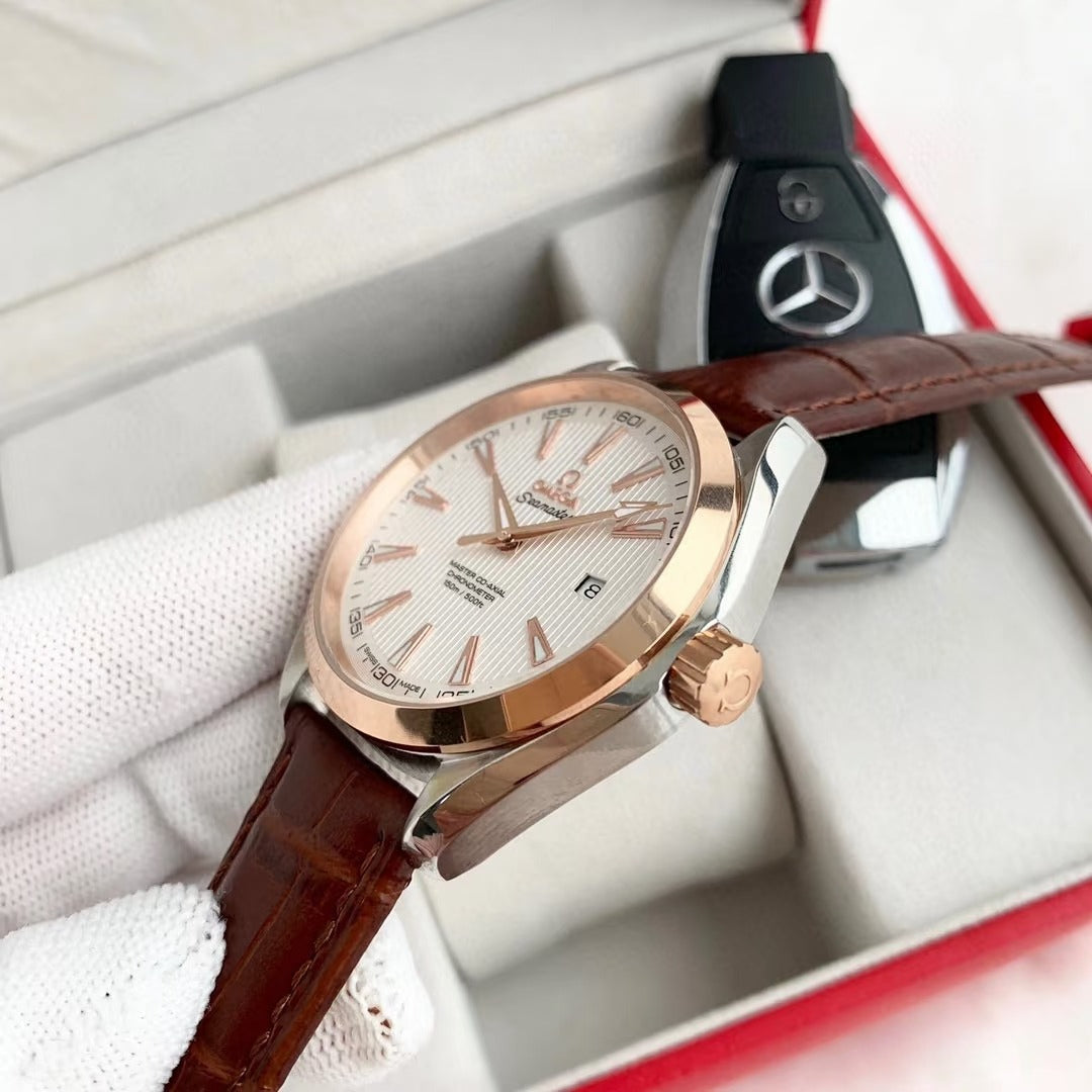 Yellow gold-White- Brown Leather - Automatic -8500- 41mm