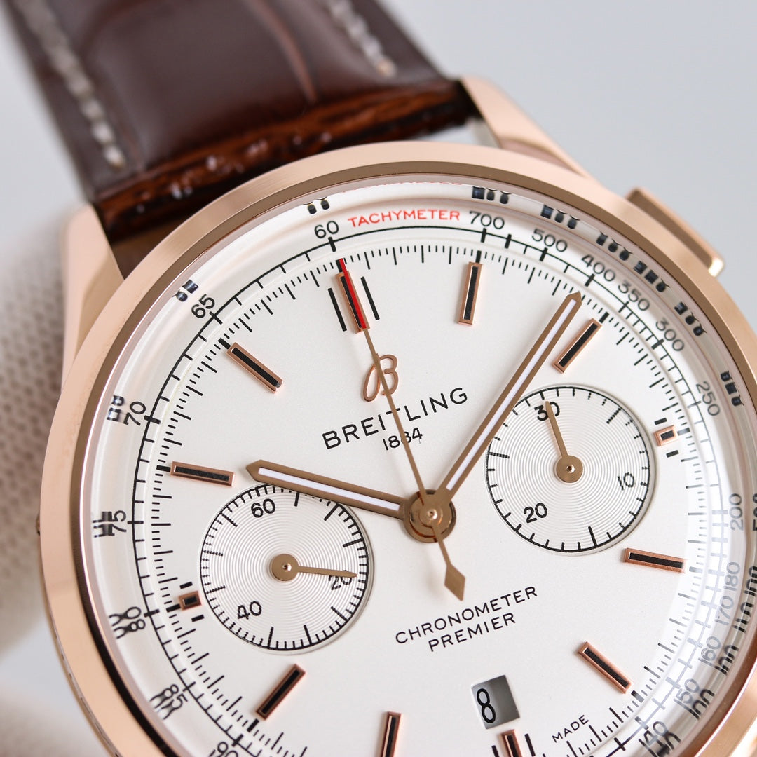 Chronograph -Rosegold White - Brown Leather - Automatic - 42mm