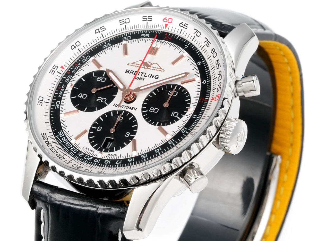 Chronograph - White Bezel- Panda Face - N-Timer - Black Leather - Automatic - 43mm
