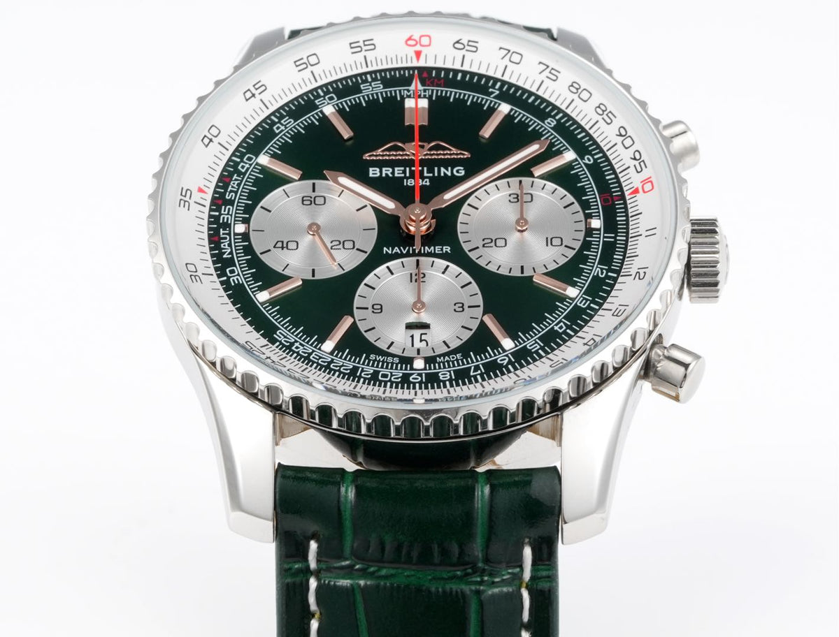 Chronograph - White bezel - Green White - N-Timer - Green Leather - Automatic - 43mm