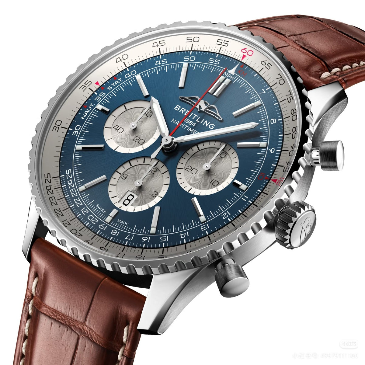 Chronograph - Silver -Blue- N-Timer - Brown Leather - Automatic - 43mm