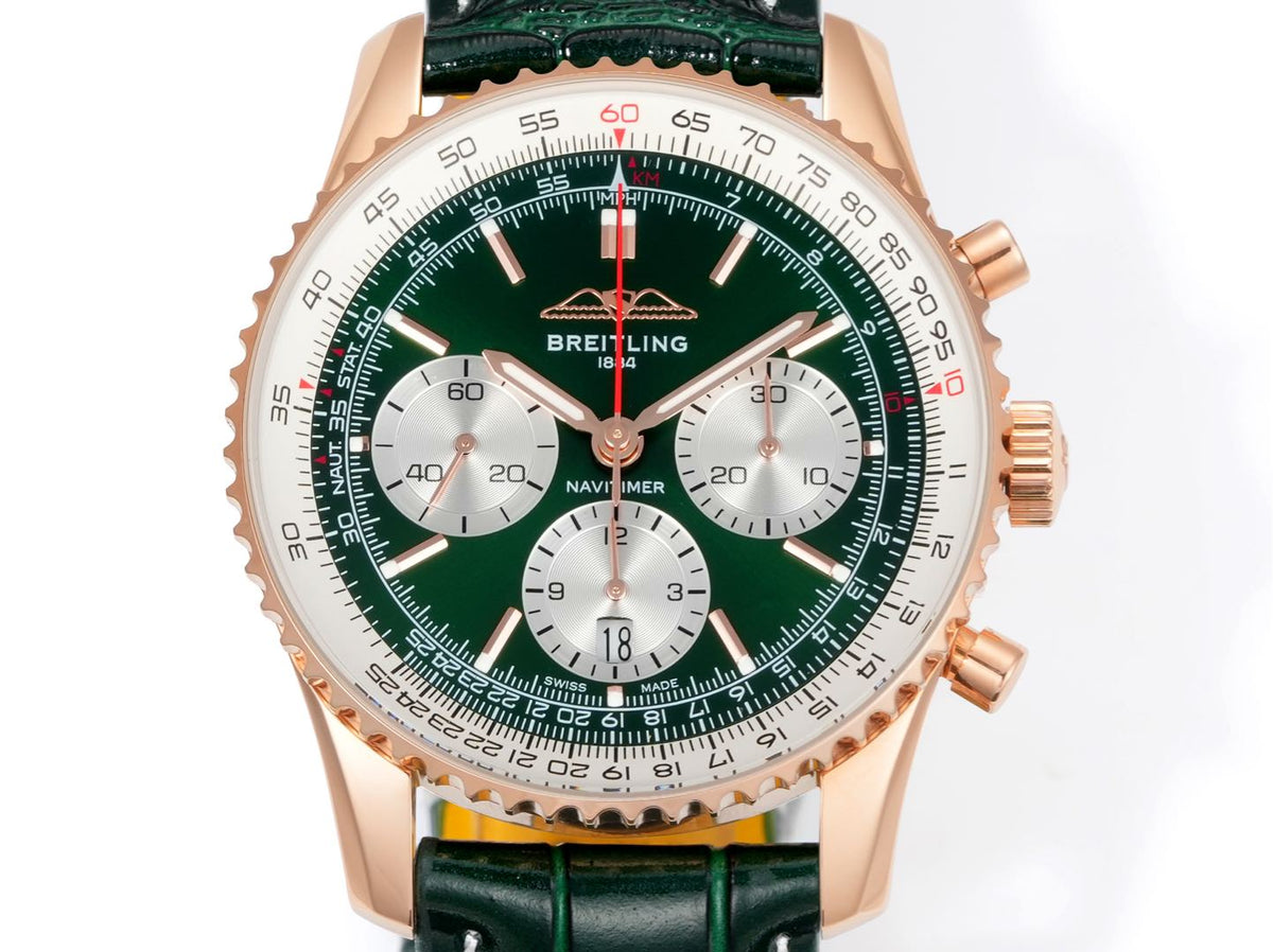 Chronograph - Rosegold White - Green - N-Timer - Green Leather - Automatic - 43mm