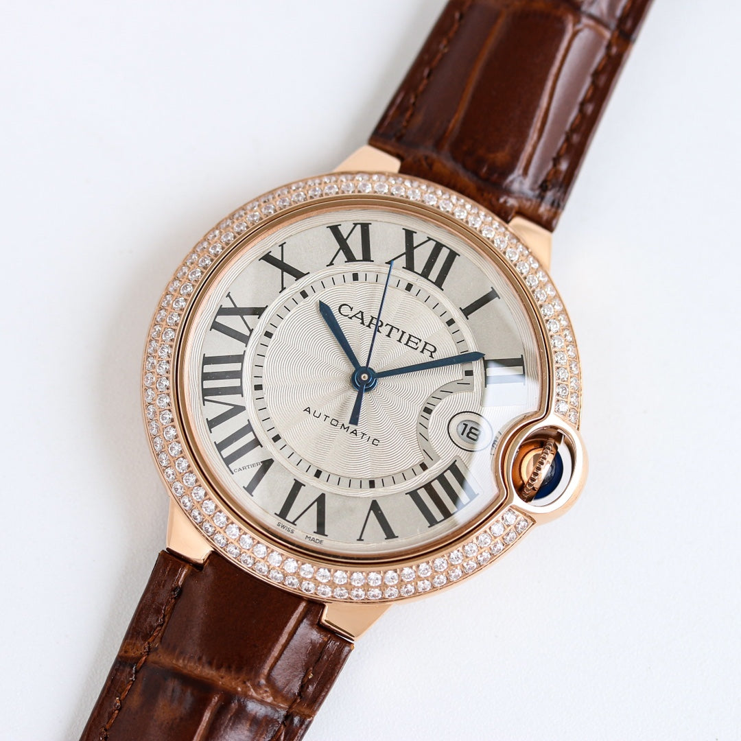 Luxury Diamond Bezel- White Rosegold- Brown Leather - Automatic - 36/42mm