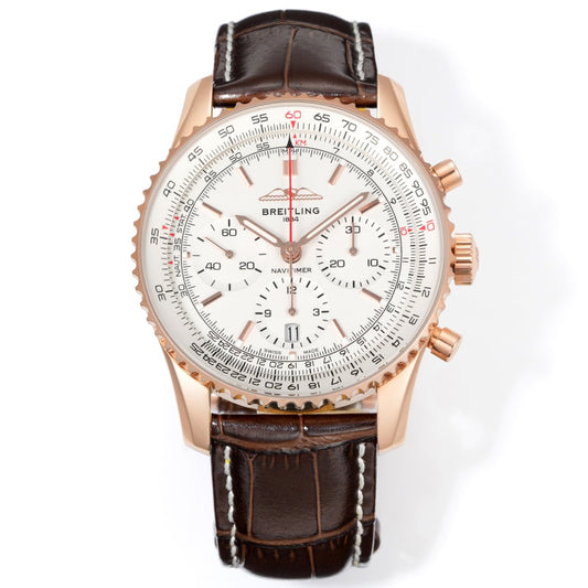Chronograph - Rosegold - White - N-Timer - Brown Leather - Automatic - 43mm