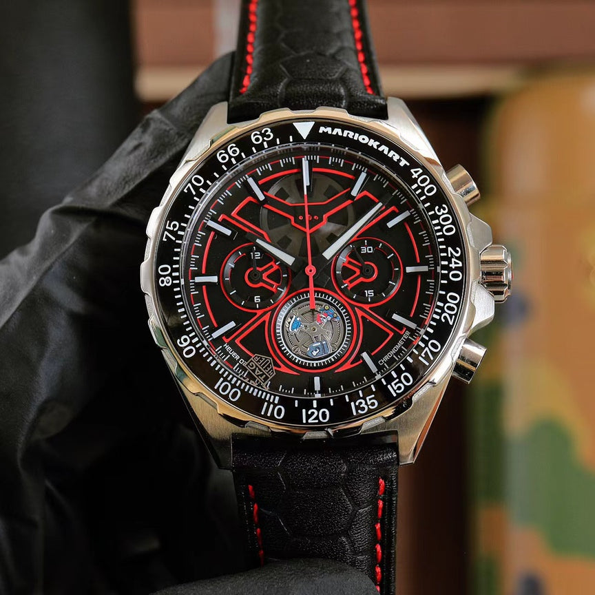 Chronograph - Red - Black Leather - Quartz - 41mm