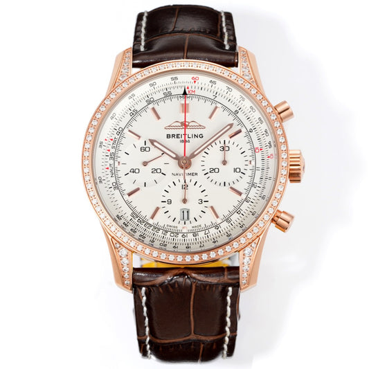 Chronograph - Rhinestone bezel - Rosegold White - N-Timer - Brown Leather - Automatic - 43mm