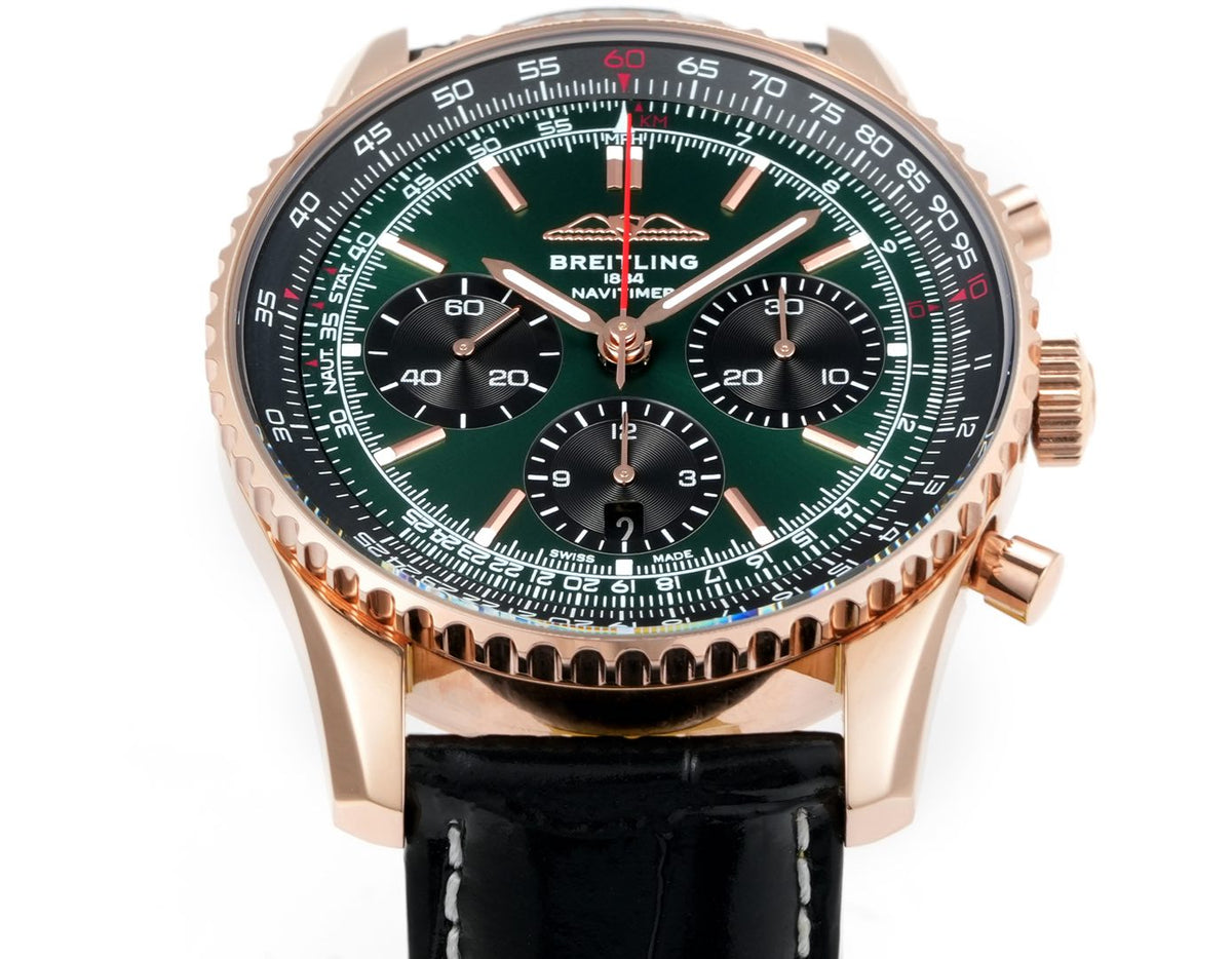 Chronograph - Rosegold Ceramic -Green- N-Timer - Black Leather - Automatic - 43mm