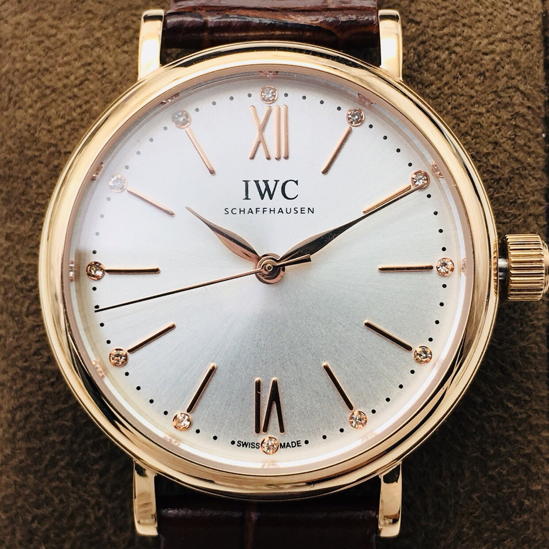 LADY -Yellow Gold - White - Brown Leather - Automatic - 34mm