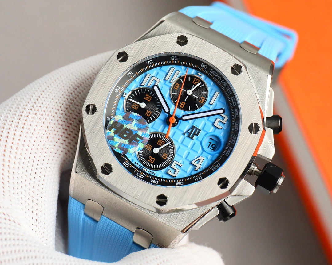 Chronograph - Baby blue White Ceramic Bezel - Blue Rubber - Automatic - 44mm