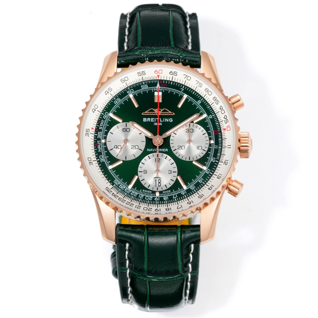Chronograph - Rosegold White - Green - N-Timer - Green Leather - Automatic - 43mm