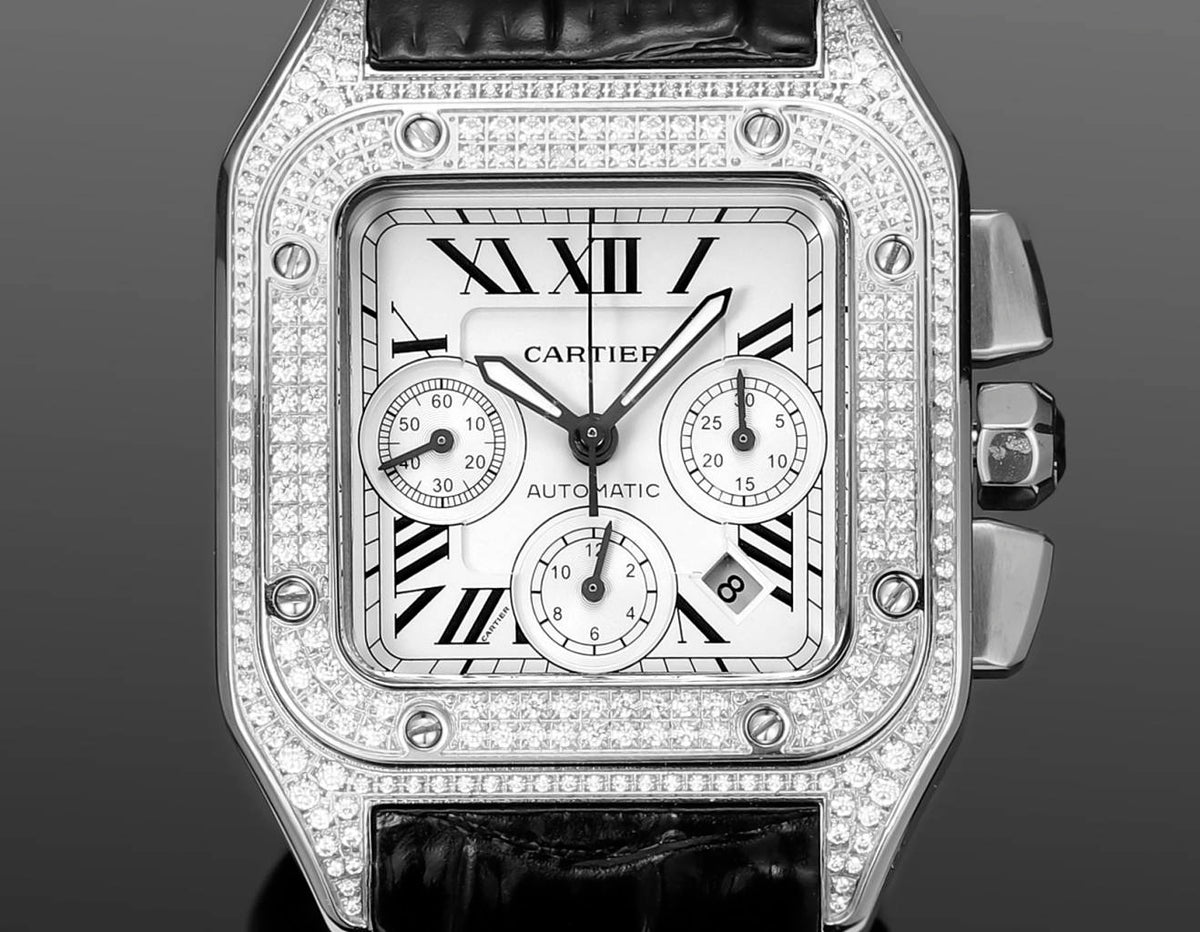 Chronograph - Silver Rhinestone 316L Steel - Black Leather - Automatic - 42mm