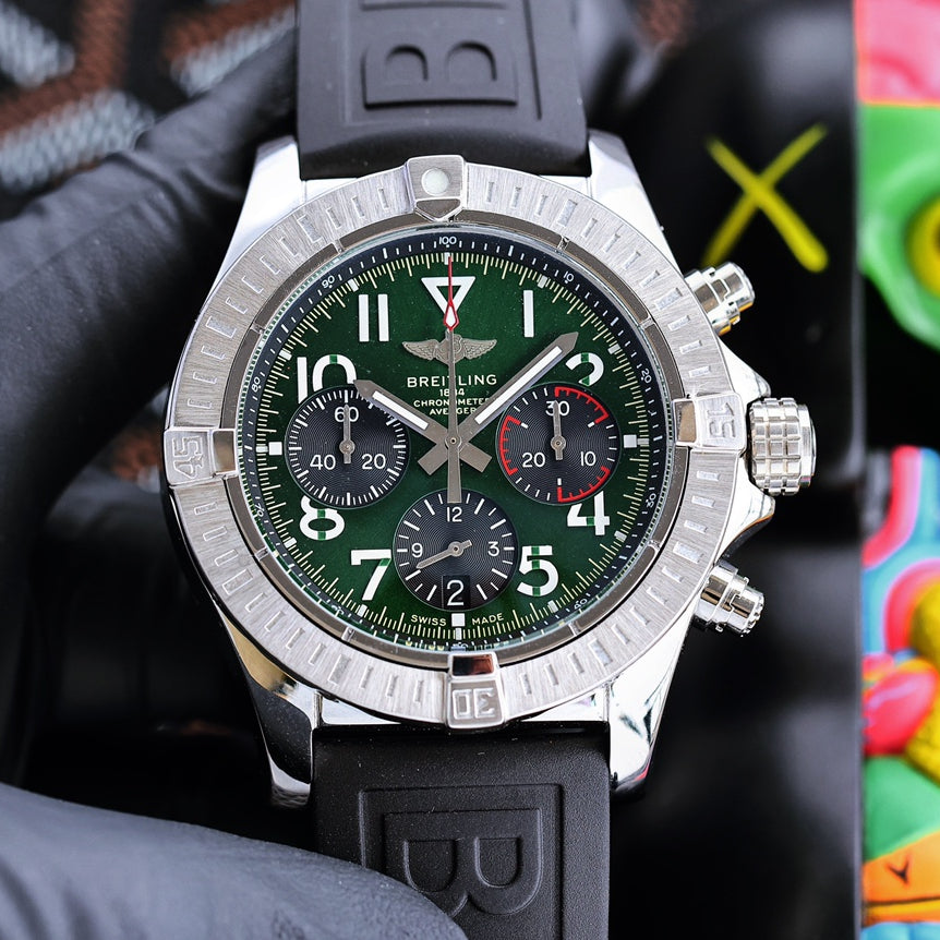 Chronograph -Silver Ceramic Green - Black Rubber - Quartz - 43mm