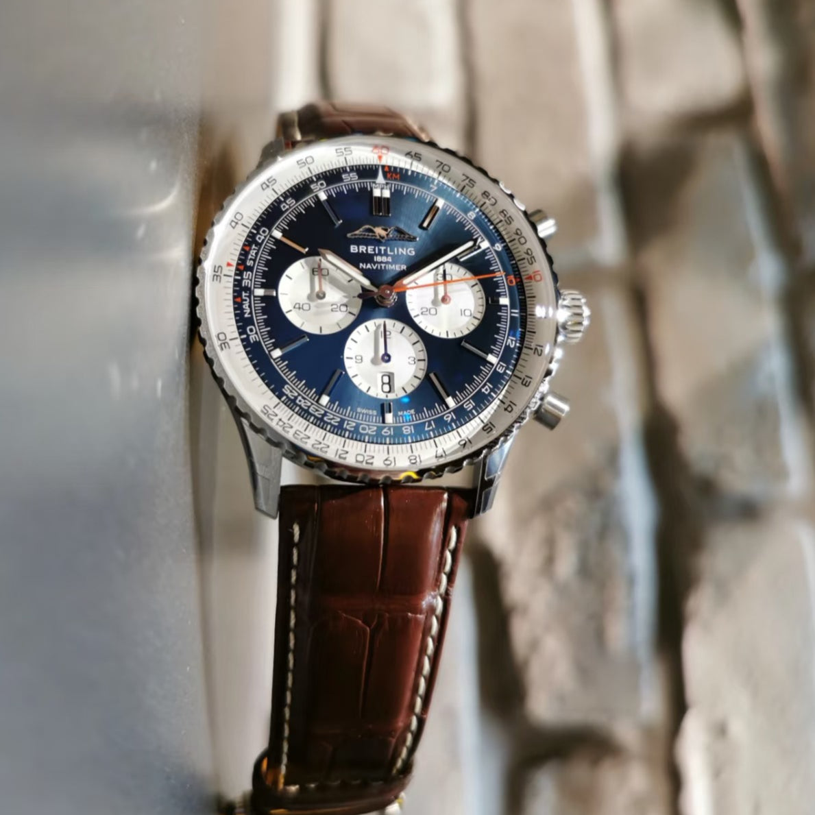 Chronograph - Silver -Blue- N-Timer - Brown Leather - Automatic - 43mm