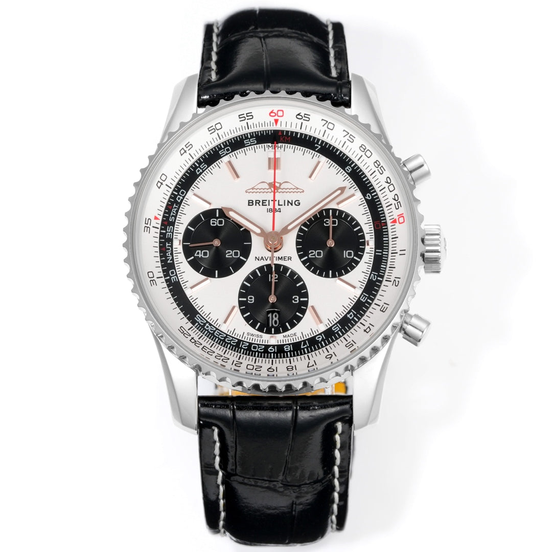 Chronograph - White Bezel- Panda Face - N-Timer - Black Leather - Automatic - 43mm