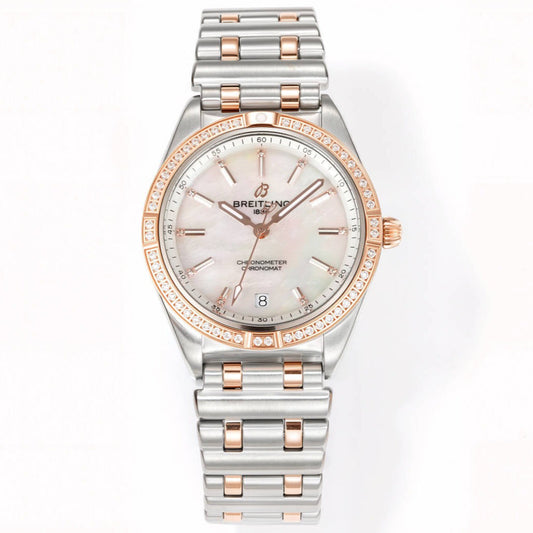 LADY - Pink White - Rhinestone bezel - Silver 904L Steel- Automatic - 36mm