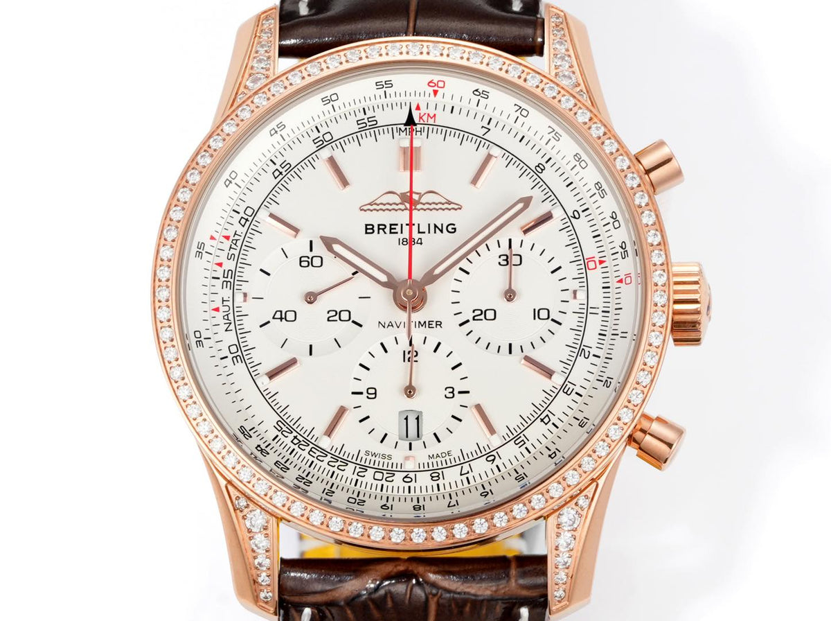 Chronograph - Rhinestone bezel - Rosegold White - N-Timer - Brown Leather - Automatic - 43mm
