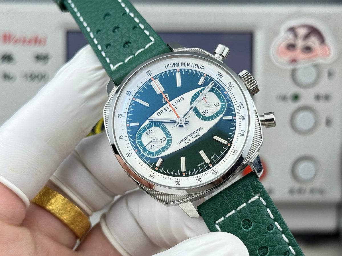 Chronograph - Silver Black - T-Timer - Green Leather - Automatic - 38mm