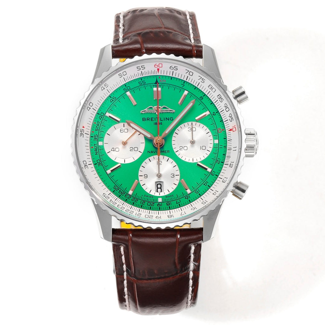 Chronograph - White Ceramic - Green- N-Timer - Brown Leather - Automatic - 43mm