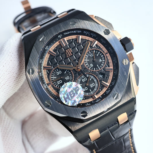 TOP! Rosegold Black Ceramic Bezel - Black Leather - Automatic - 44mm
