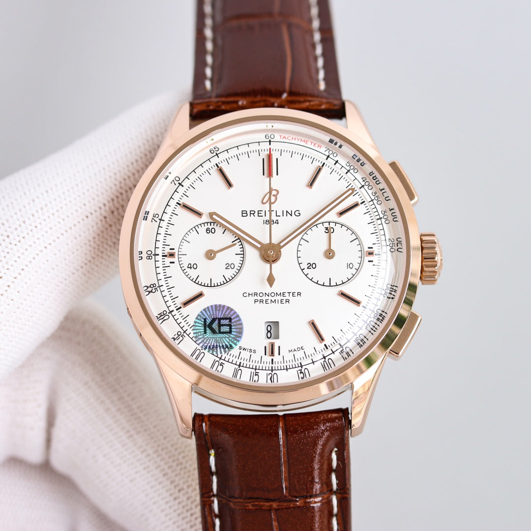 Chronograph -Rosegold White - Brown Leather - Automatic - 42mm