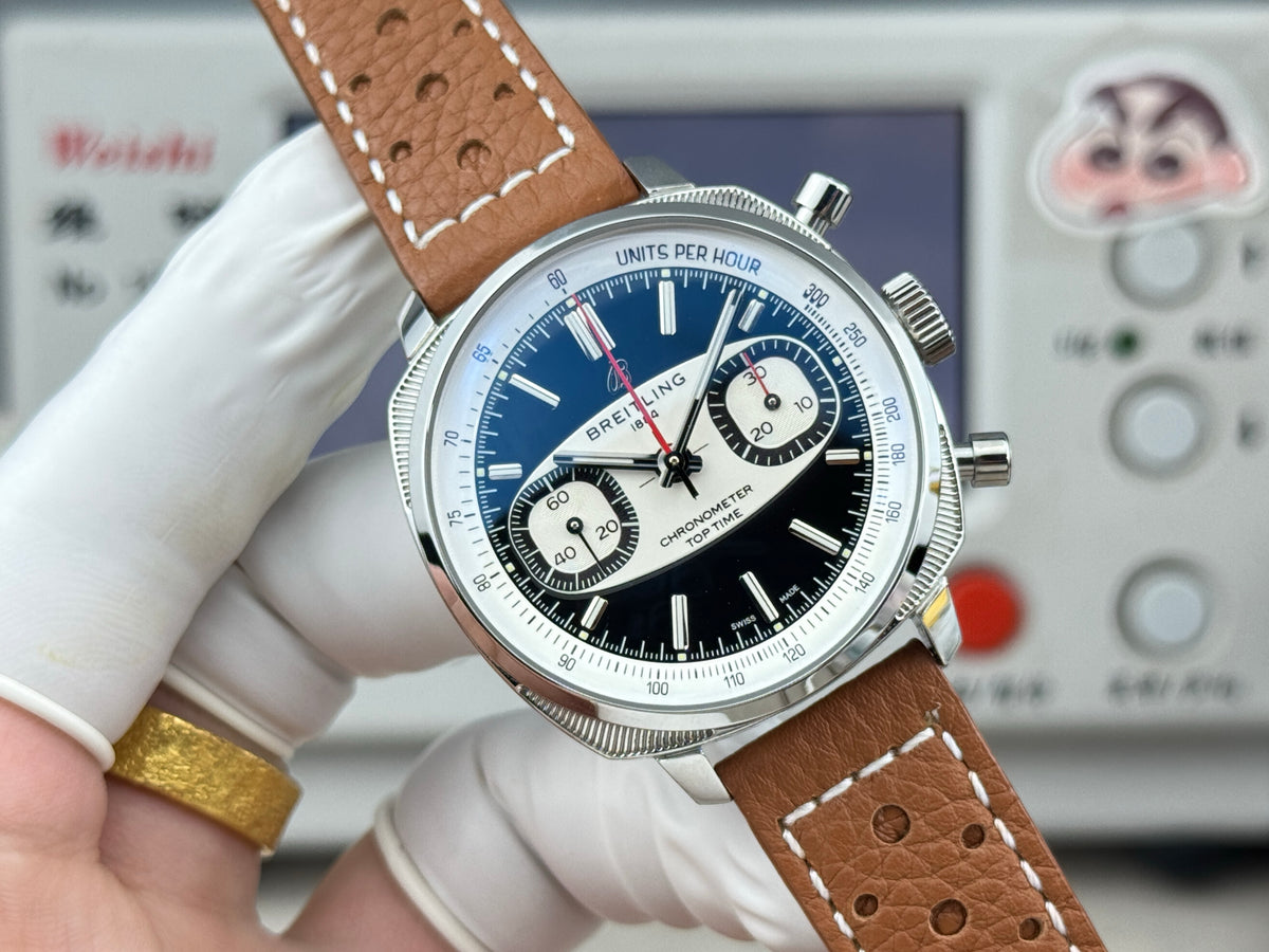 Chronograph - Silver Black - T-Timer - Brown Leather - Automatic - 38mm