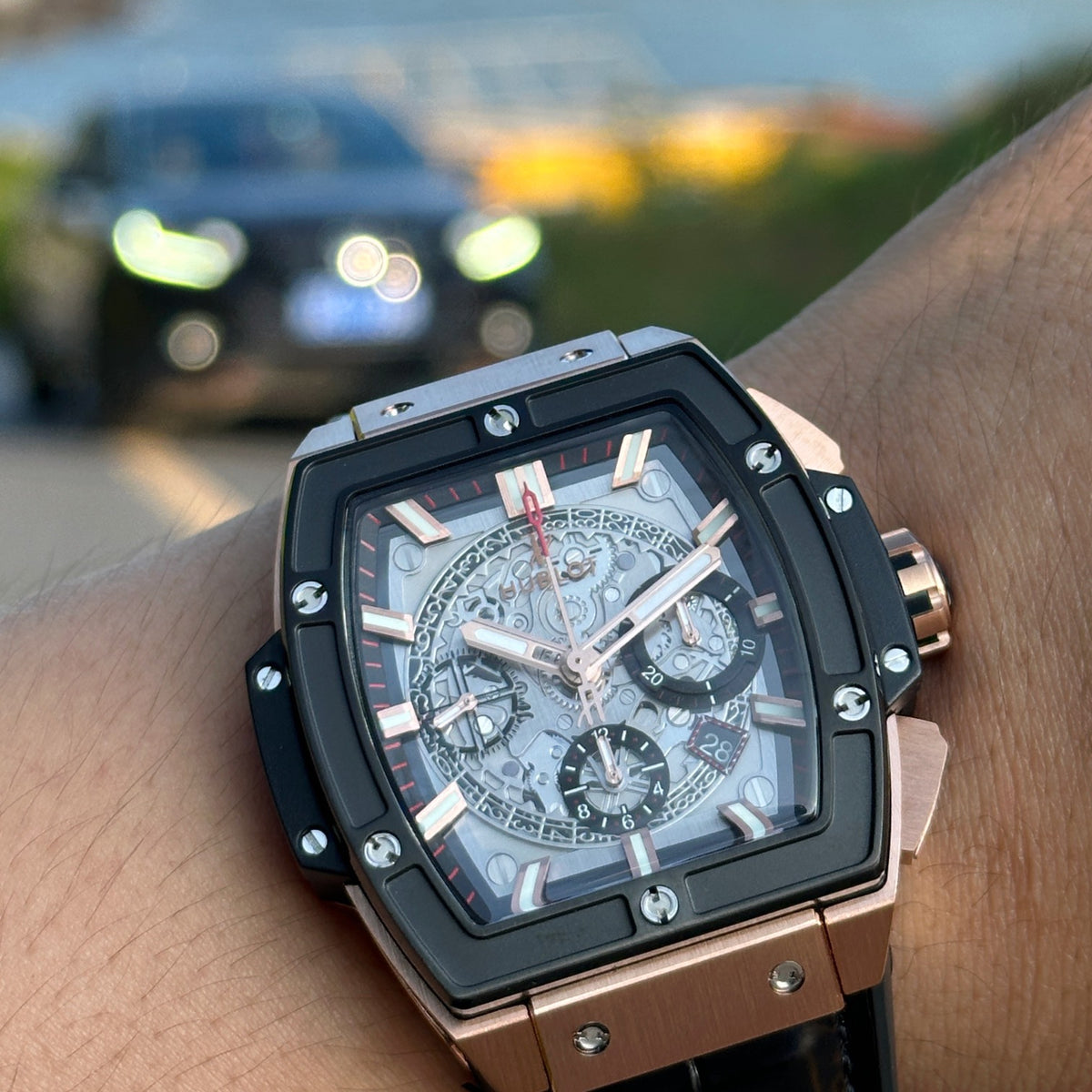 Chronograph -Rosegold Black  - Black Leather - Automatic - 45mm