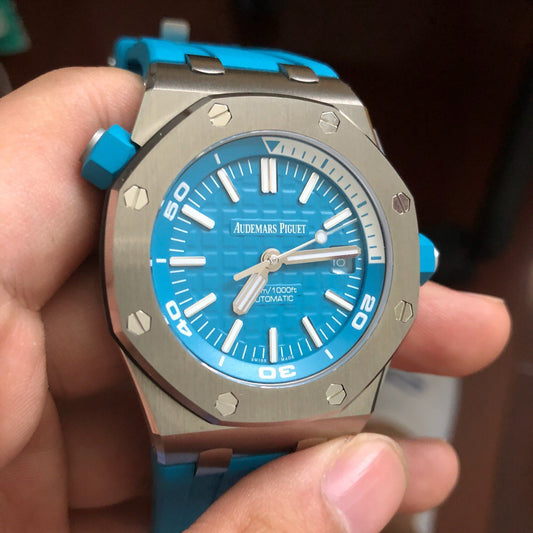 TOP!  - 316L Steel - Babyblue rubber - Automatic - 42mm