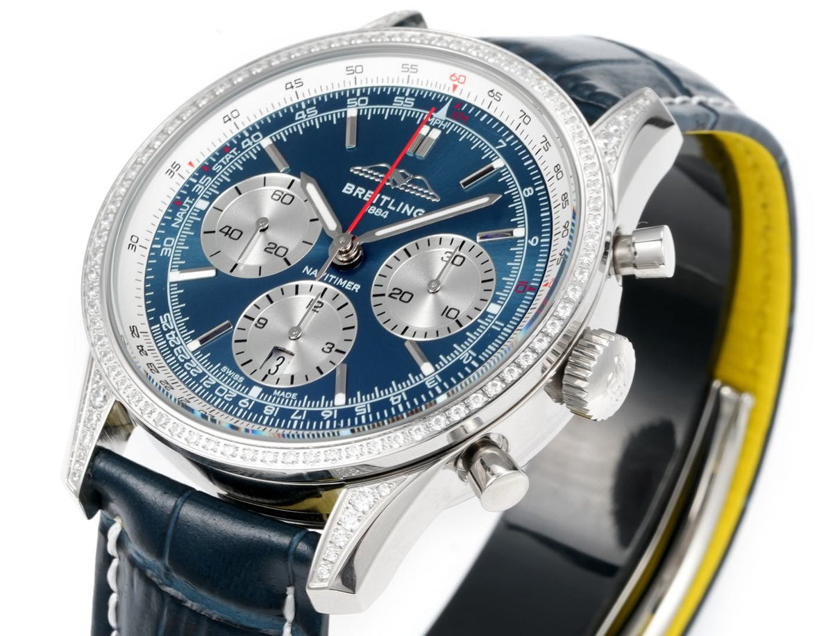 Chronograph - Rhinestone bezel - Blue White - N-Timer - Blue Leather - Automatic - 43mm