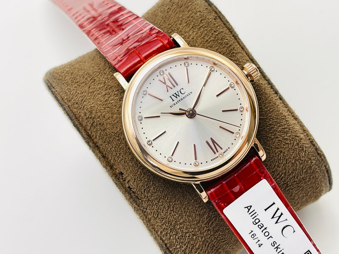 LADY -Yellow gold - White - Red Leather - Automatic - 34mm