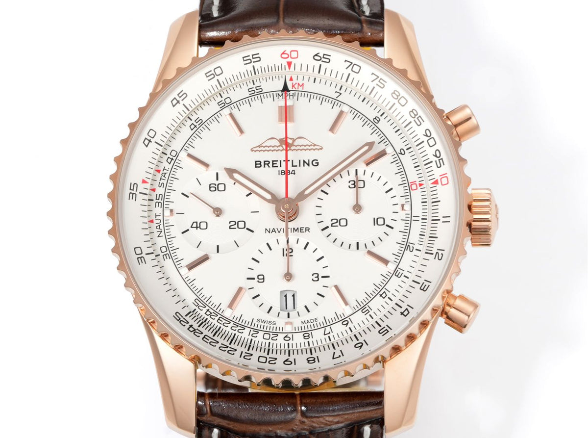 Chronograph - Rosegold - White - N-Timer - Brown Leather - Automatic - 43mm
