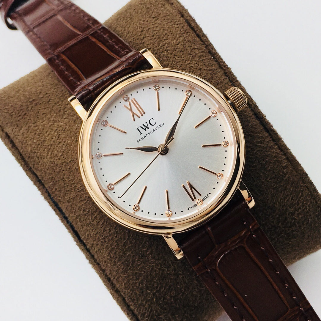 LADY -Yellow Gold - White - Brown Leather - Automatic - 34mm