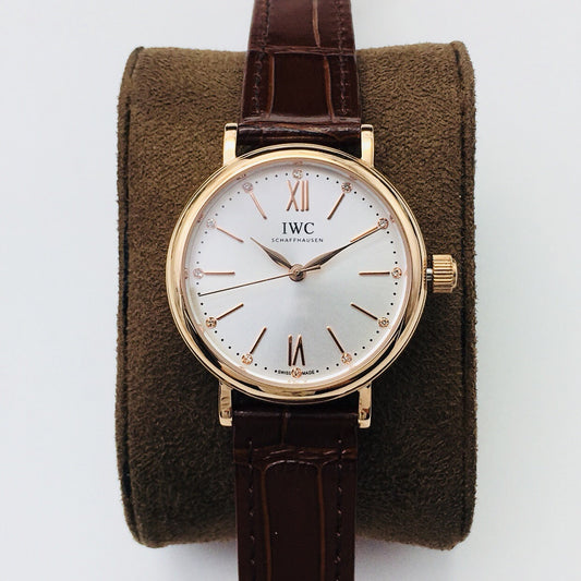 LADY -Yellow Gold - White - Brown Leather - Automatic - 34mm