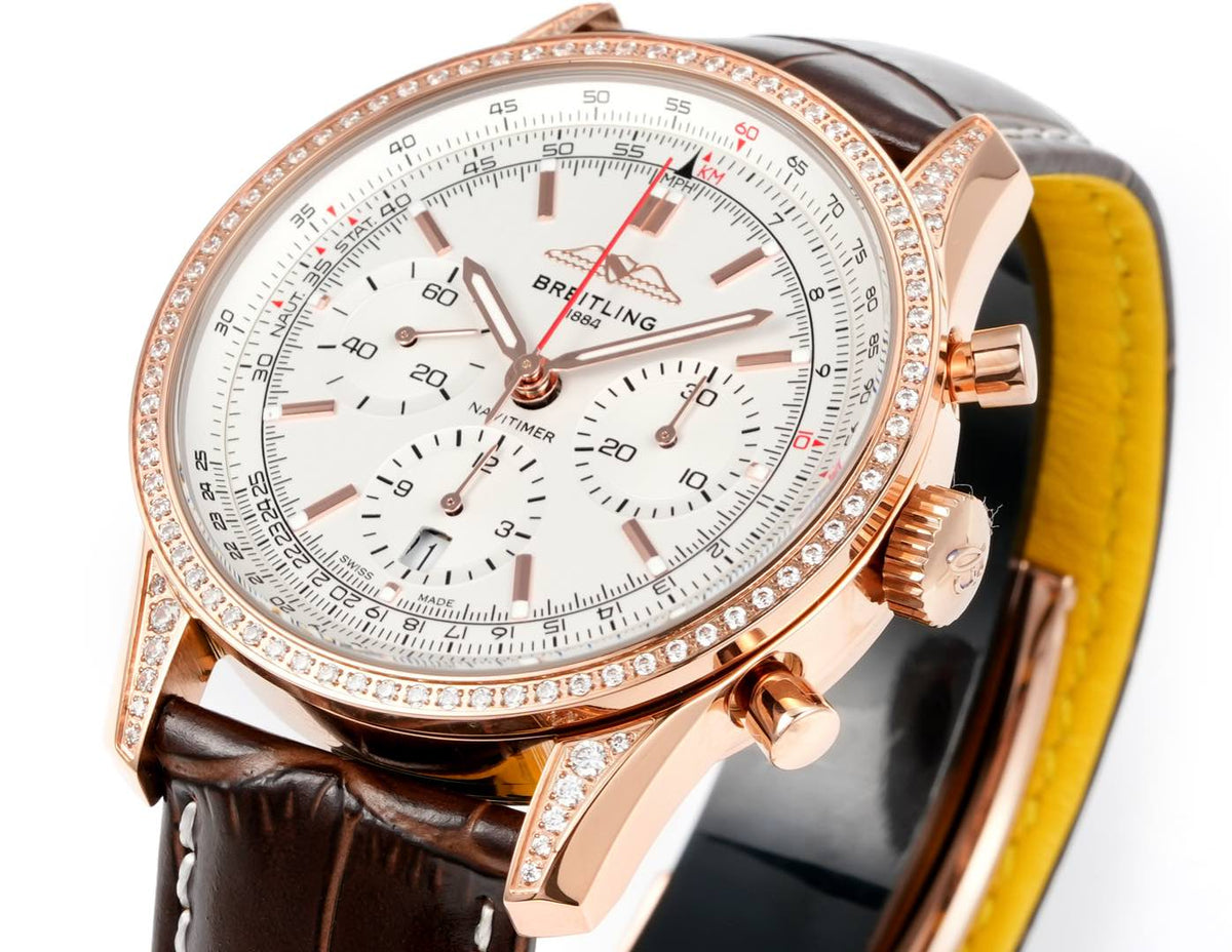 Chronograph - Rhinestone bezel - Rosegold White - N-Timer - Brown Leather - Automatic - 43mm