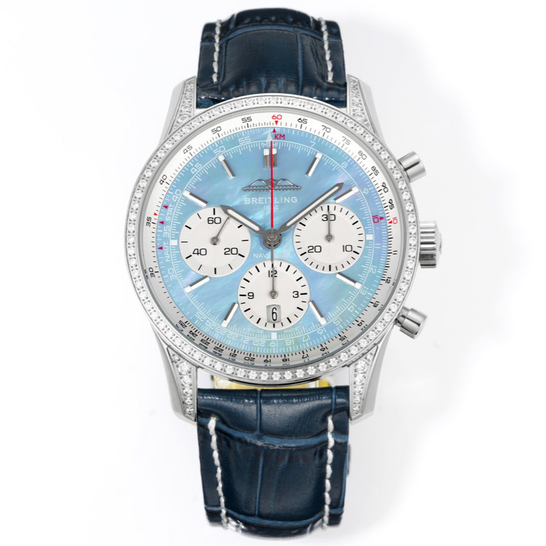 Chronograph - Rhinestone - Sky Face - N-Timer - Black Leather - Automatic - 43mm
