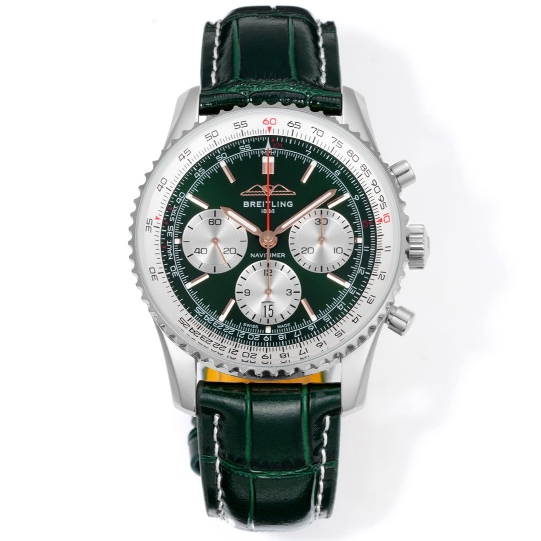 Chronograph - White bezel - Green White - N-Timer - Green Leather - Automatic - 43mm
