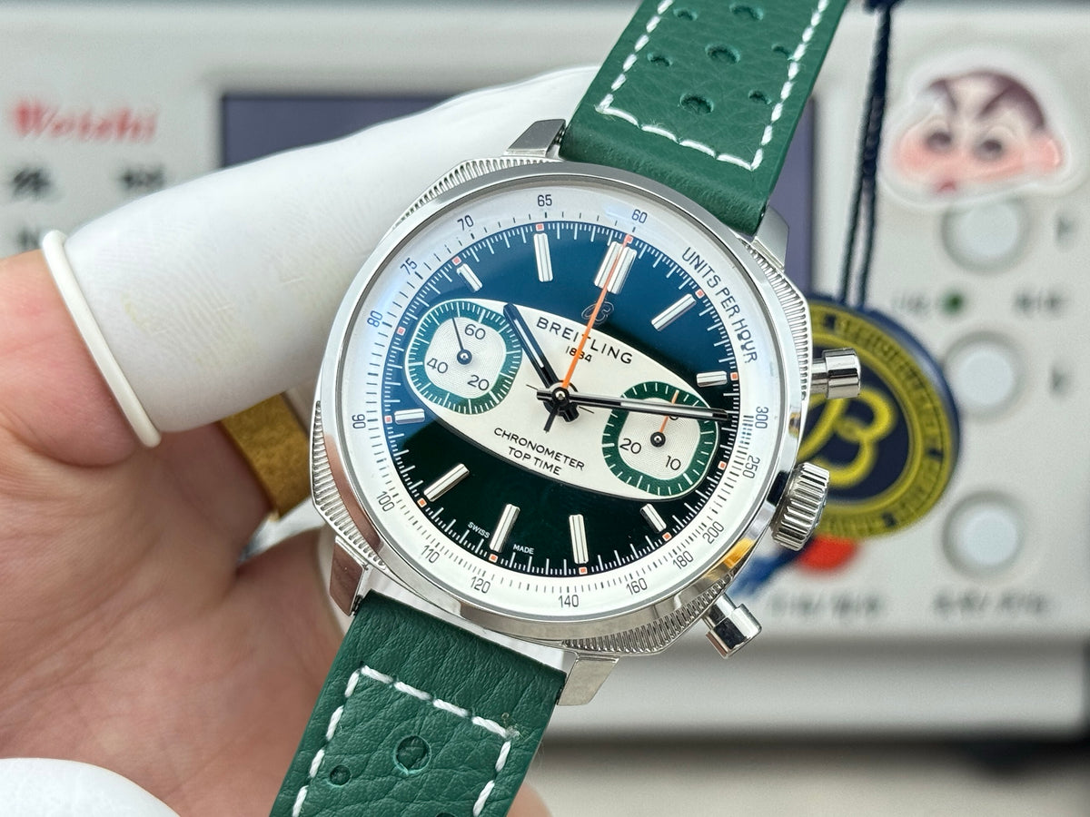Chronograph - Silver Black - T-Timer - Green Leather - Automatic - 38mm