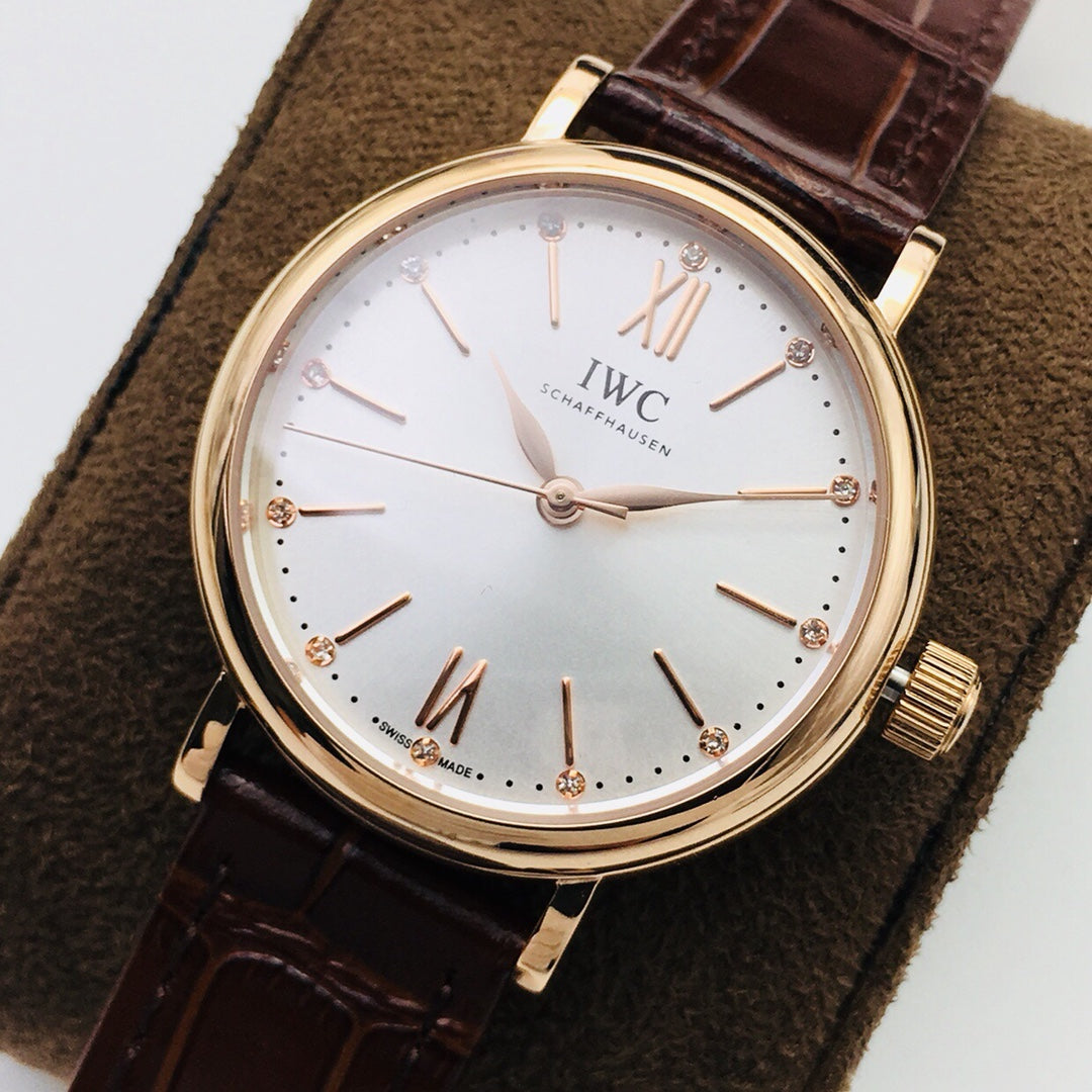 LADY -Yellow Gold - White - Brown Leather - Automatic - 34mm