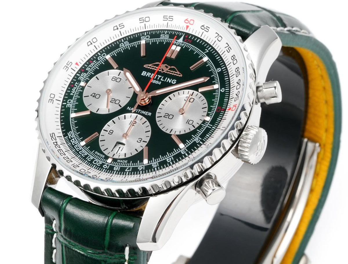 Chronograph - White bezel - Green White - N-Timer - Green Leather - Automatic - 43mm